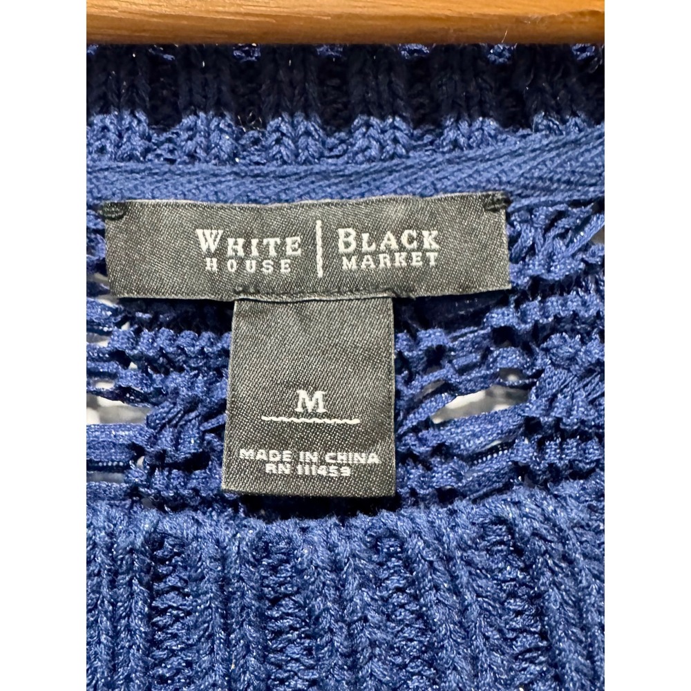 White House Black Market Royal Blue Open Knit Crochet Sweater Short Sleeve Med - Picture 3 of 4